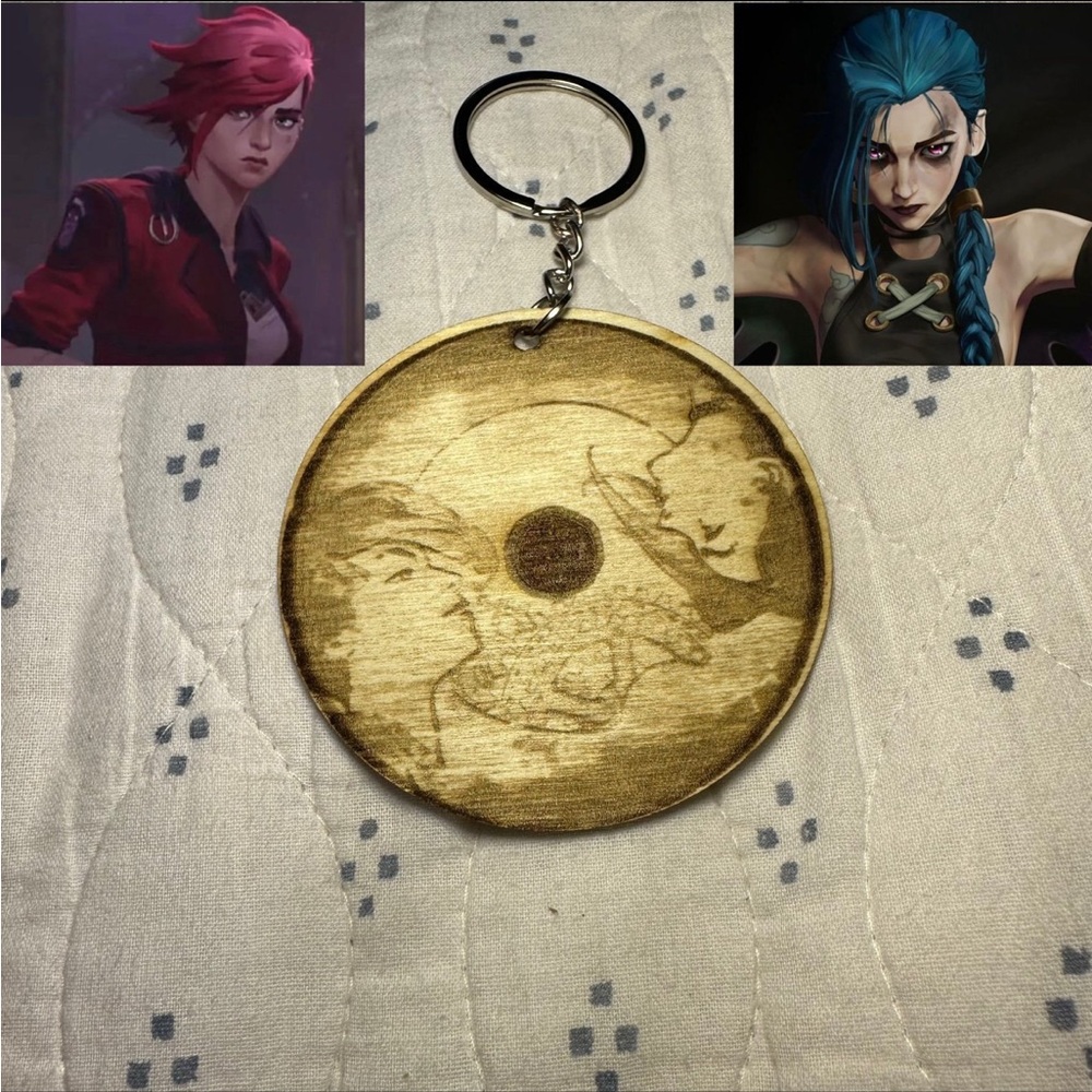 Arcane Inspired Jinx and Vi Laser Engraved Wood Keychain Purse Phone Bag Charm